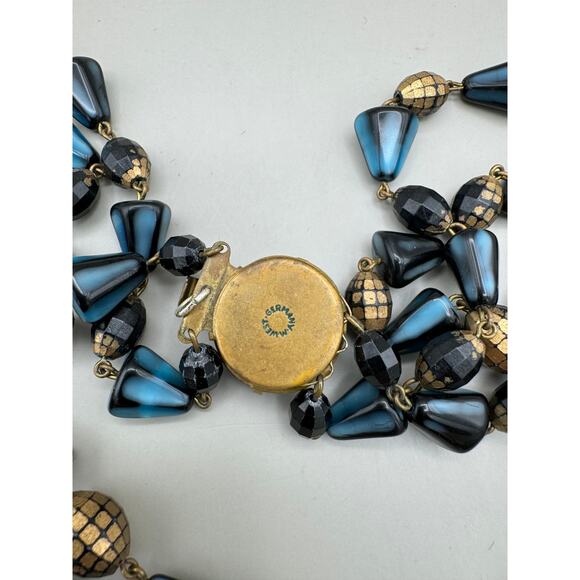 Vintage West Germany Two Strand Gold and Blue Bead Necklace - Picture 8 of 13